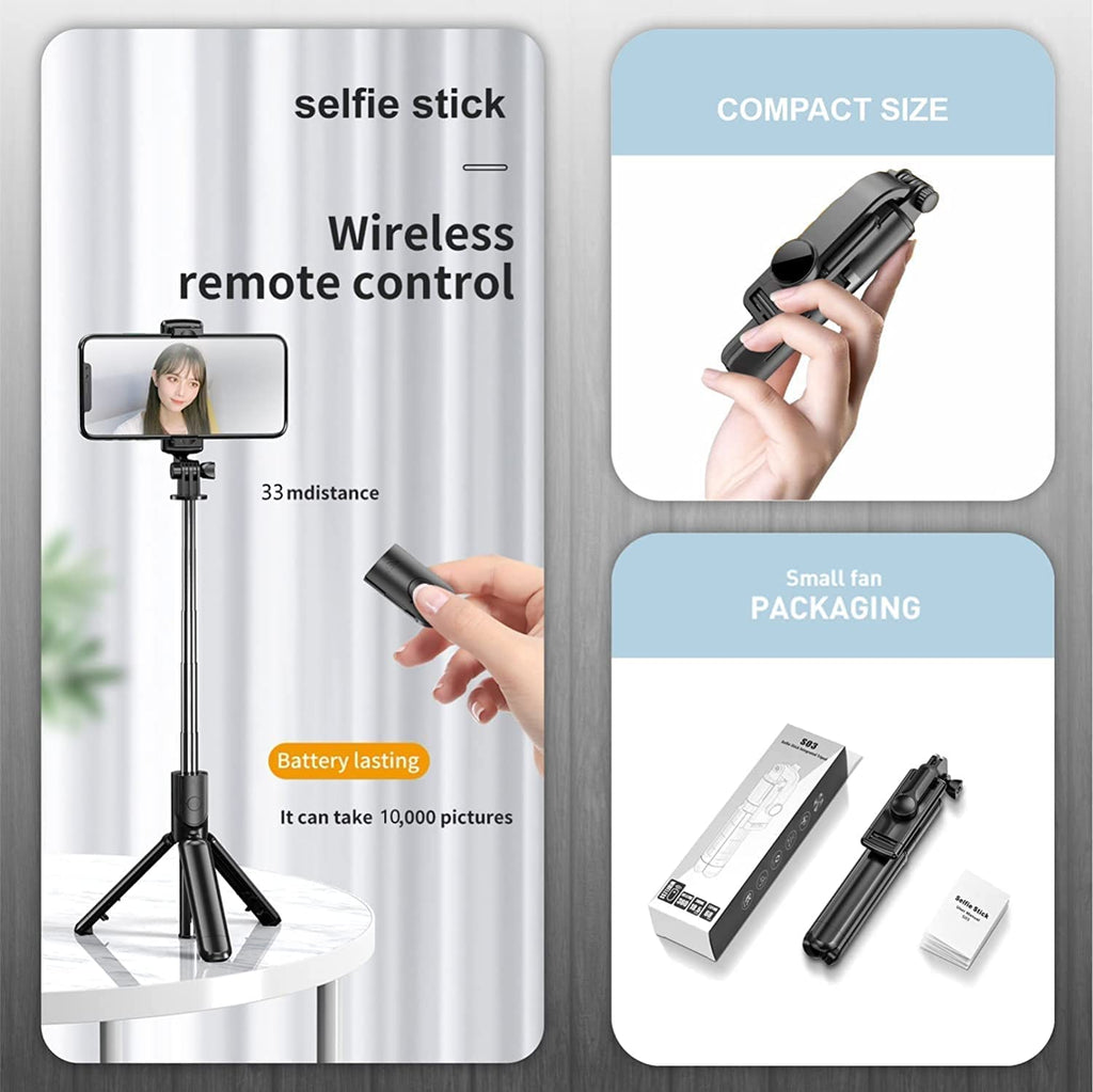 Selfie stick with remote control features on a gray background
