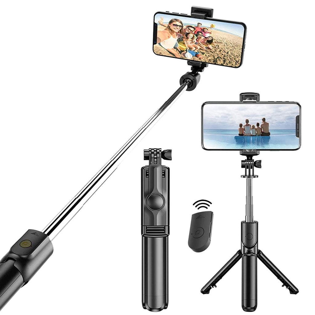 Black selfie stick with remote control and smartphone attachments on a white background