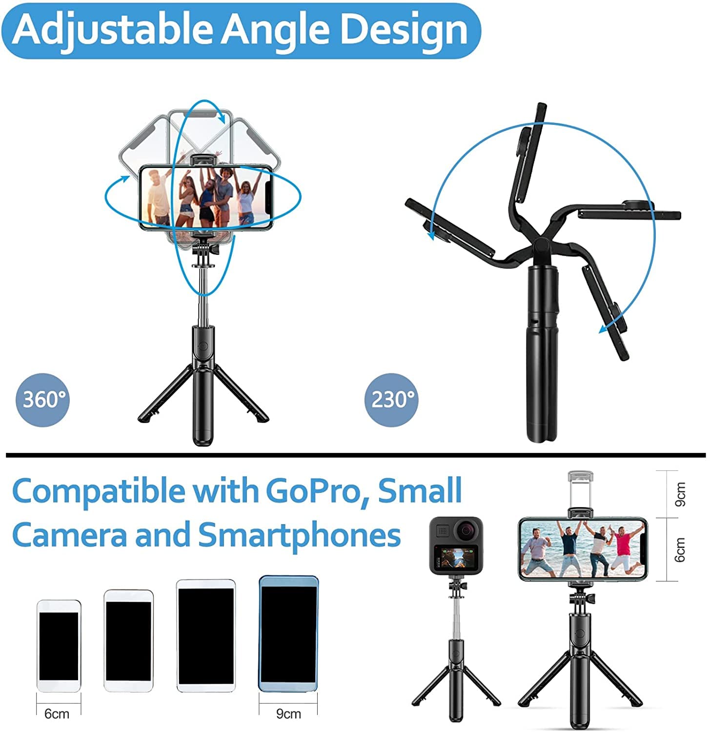 Adjustable angle design with tripod and selfie stick, compatible with GoPro and smartphones.