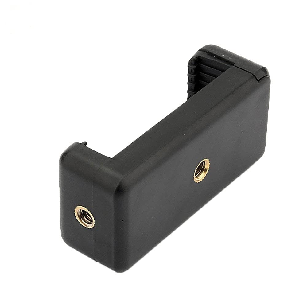 Black tripod mount phone tablet holder clip designed for iPhone, iPad, and other similar devices.