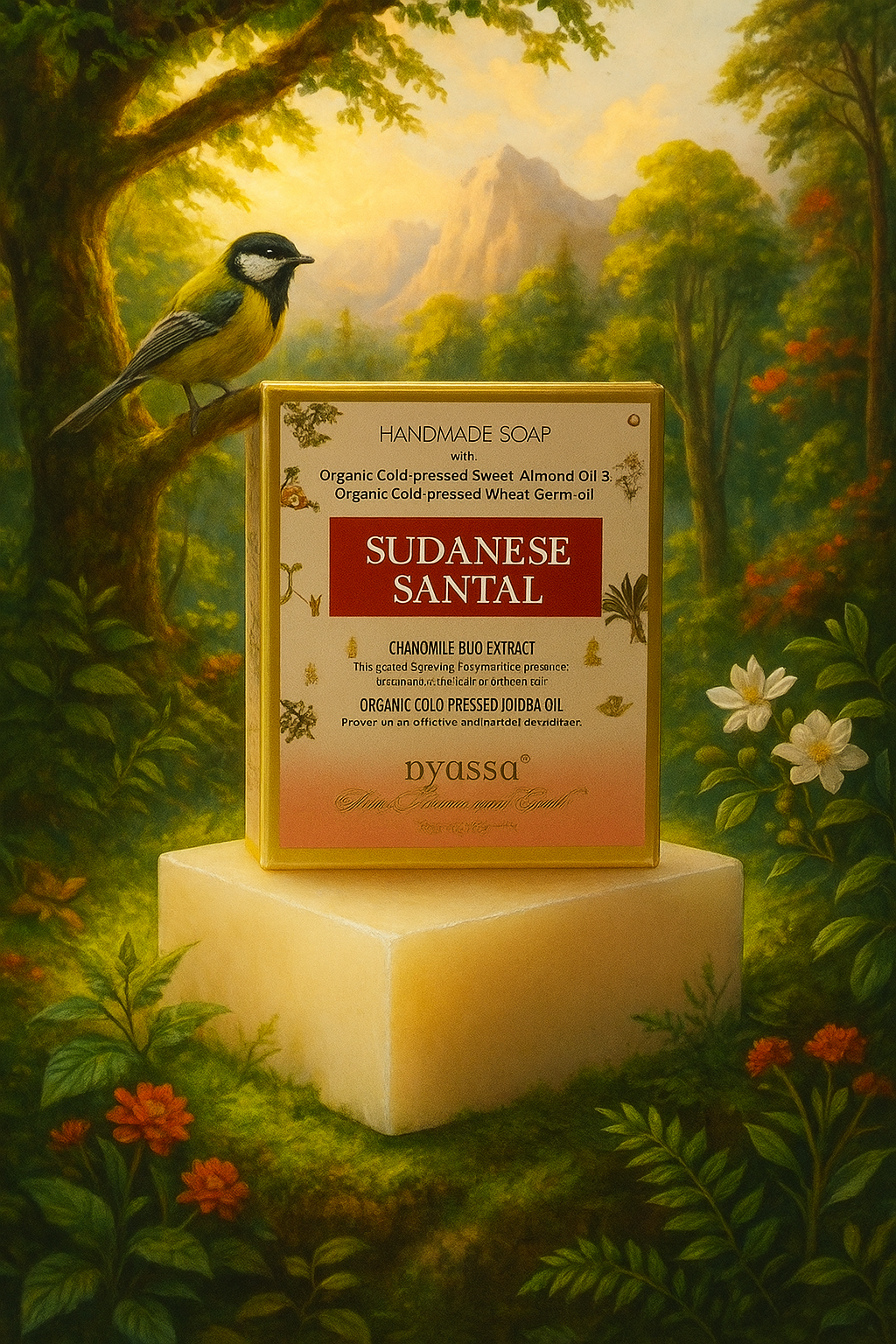 Pyussa Sudanese Santal soap bar with packaging in a forest setting