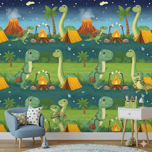 Wallpaper with cartoon dinosaurs around campfires and tents in a jungle setting.