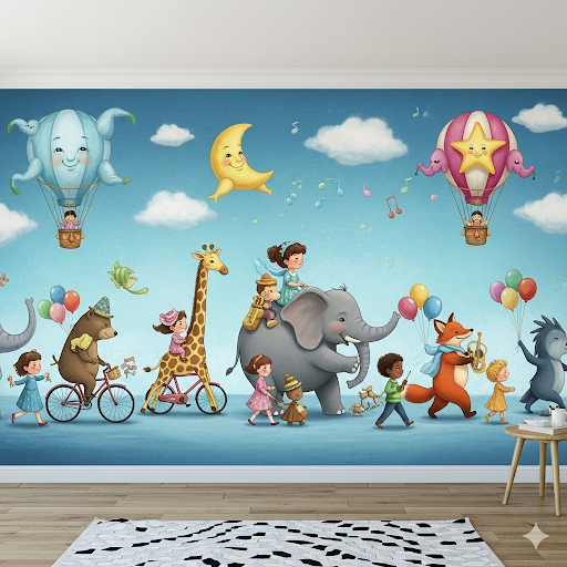 Children's wall mural with cartoon animals and characters on a blue sky background.