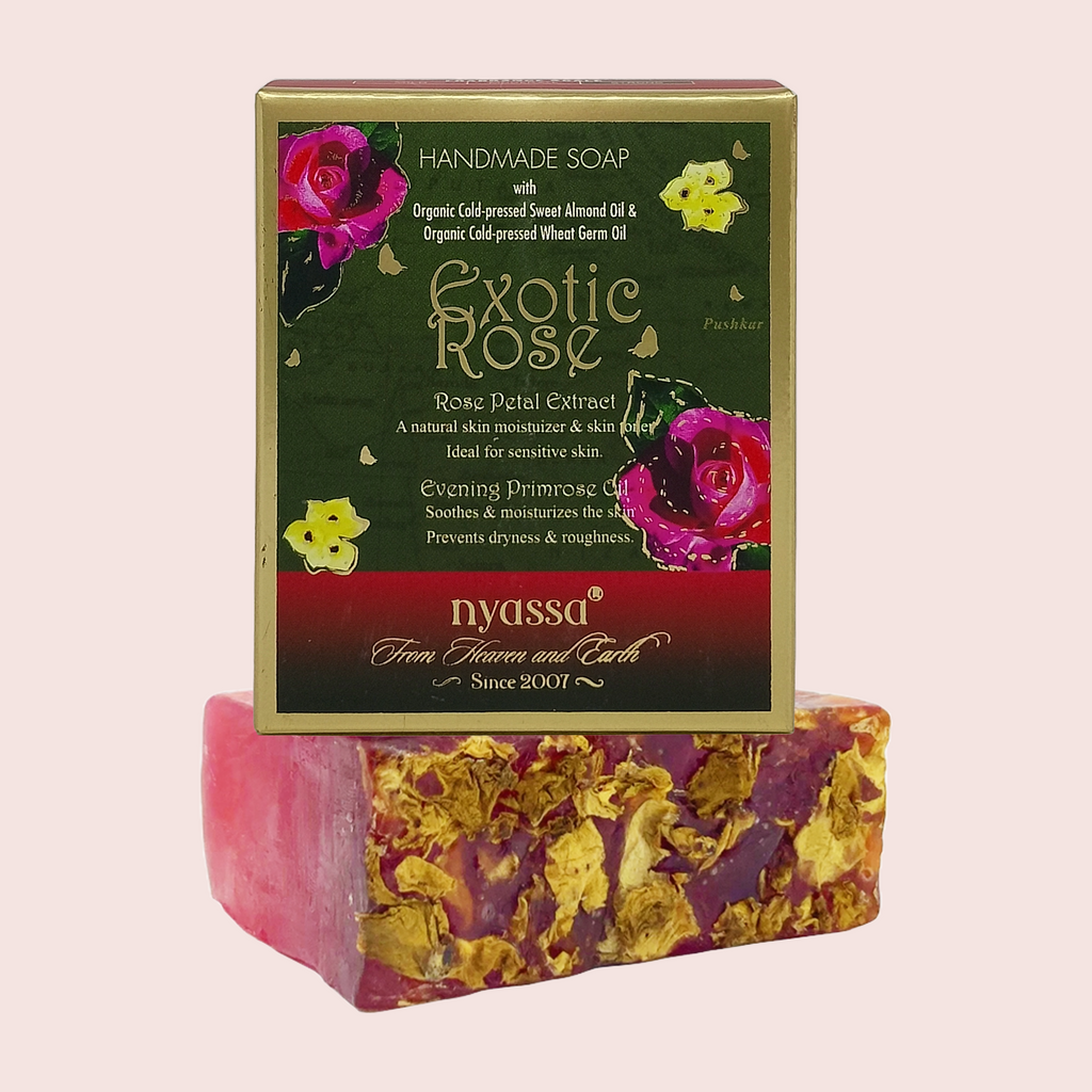 Nyassa Exotic Rose soap bar with packaging on a light pink background