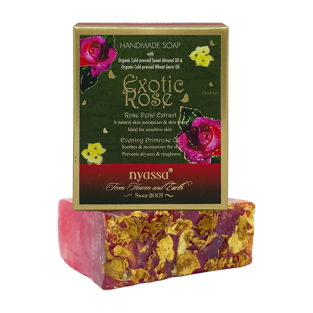 Nyassa Exotic Rose soap bar with packaging on a white background