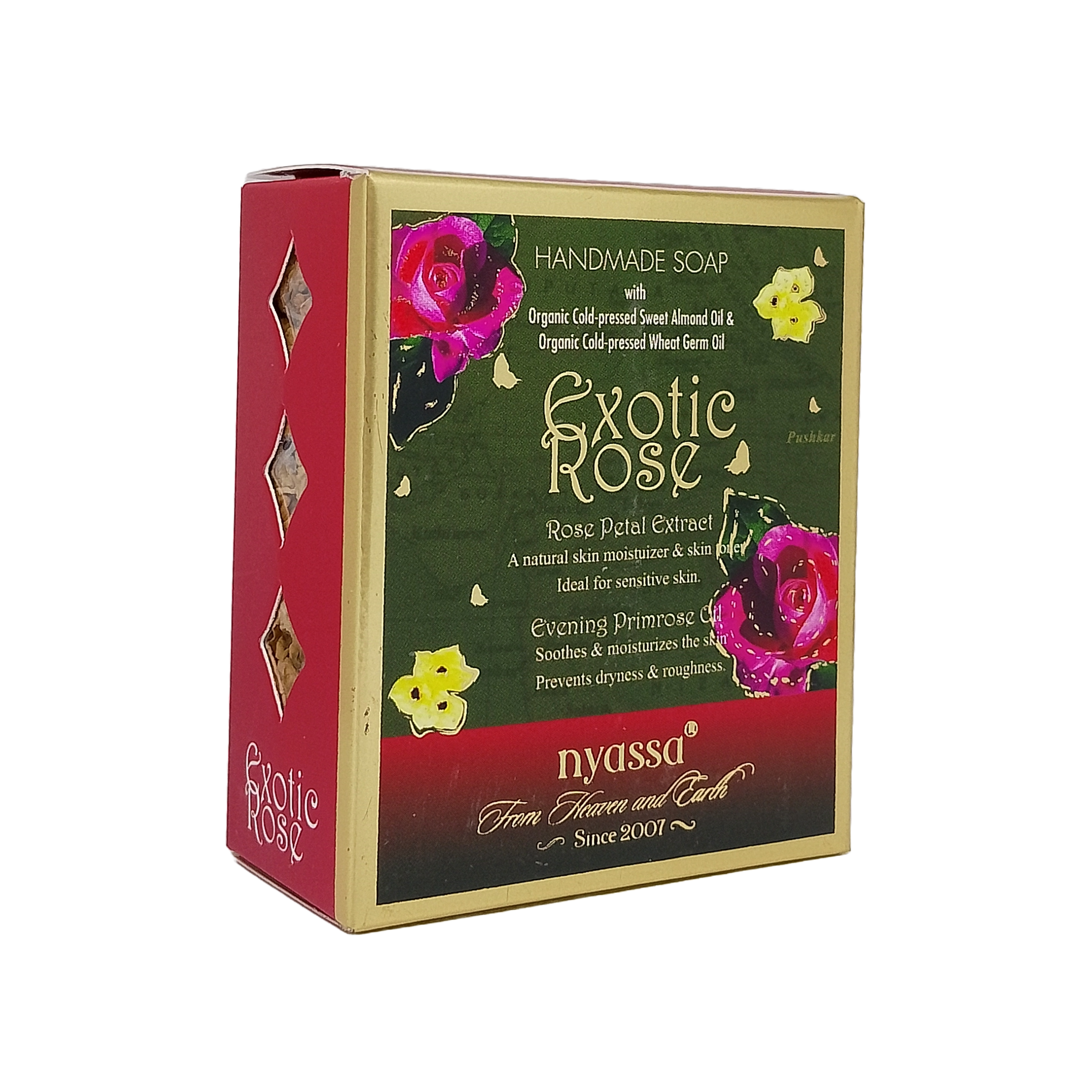 Nyassa Exotic Rose handmade soap packaging on a white background
