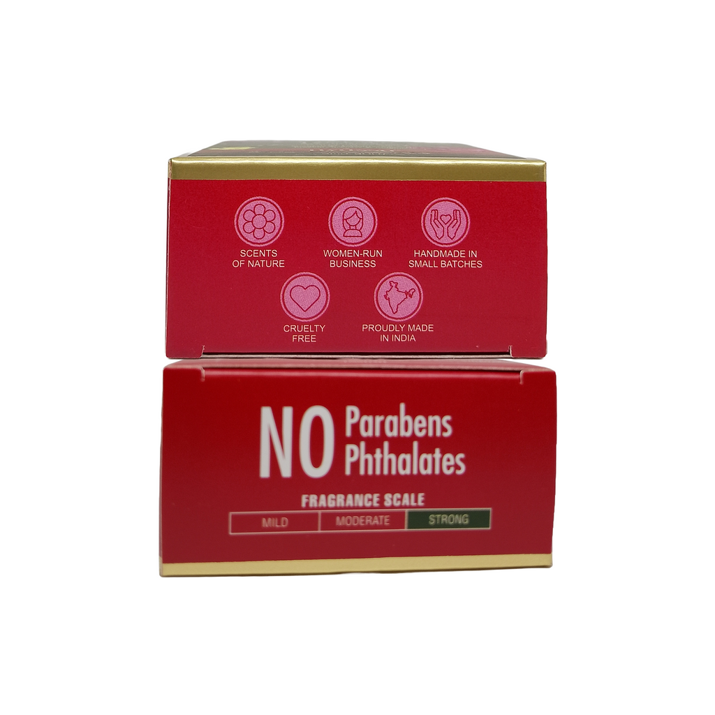 Red packaging with gold accents featuring text and icons on a white background