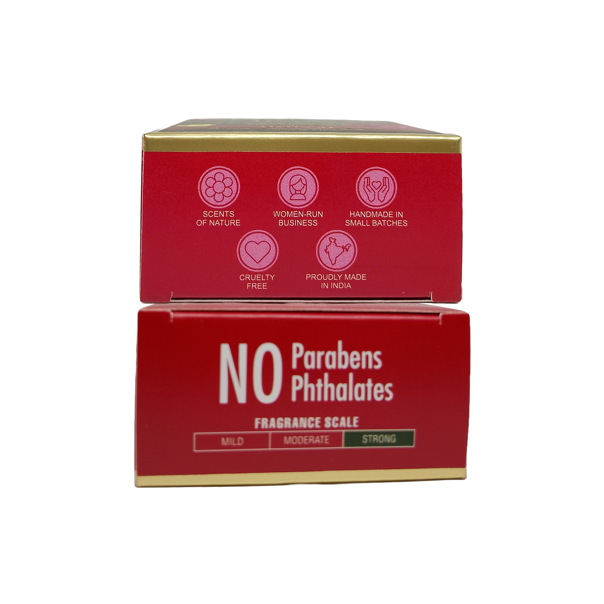 Red packaging with gold accents featuring text and icons on a white background