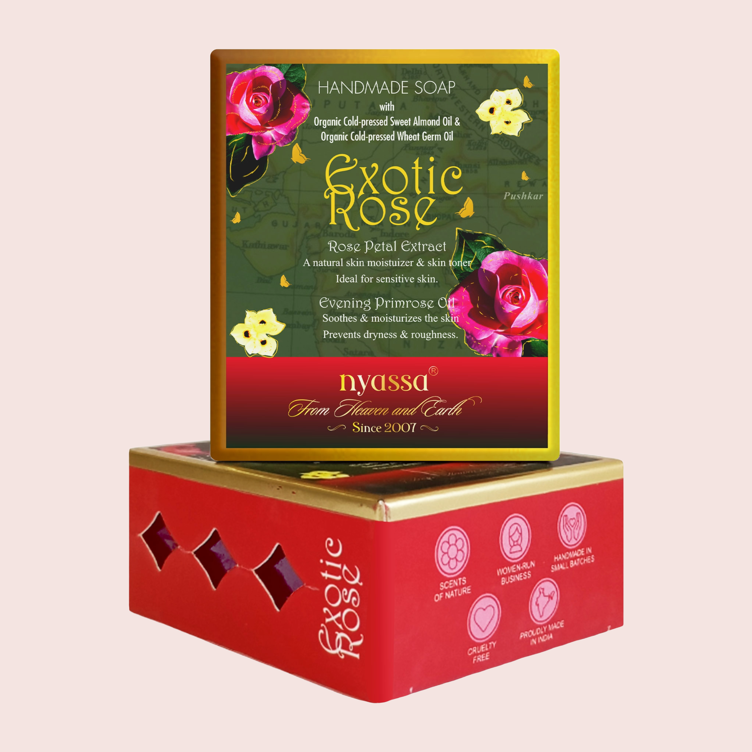 Nyassa Exotic Rose handmade soap packaging on a beige background