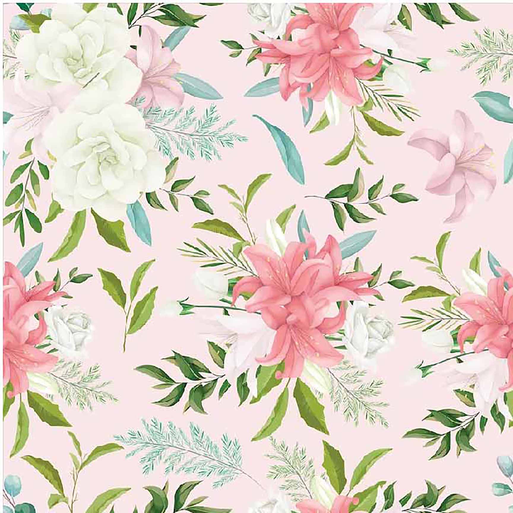 The Floral Wallpaper - Elegant Pink & Green Floral Seamless Pattern - Hand-drawn Roses, Lilies & Foliage.