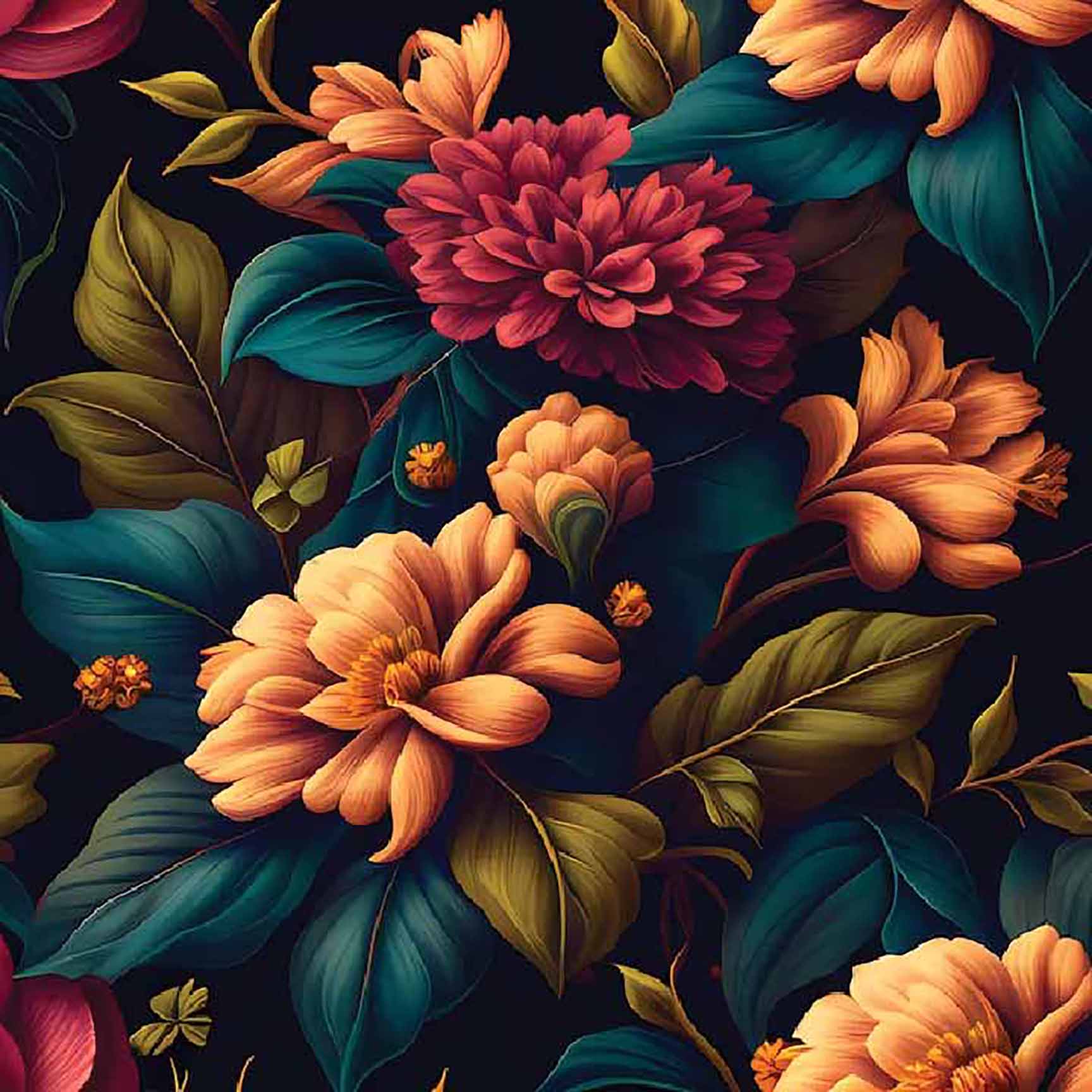 The Floral Wallpaper - Rich Floral Bloom Seamless Pattern - Dark Botanical Art with Warm Flowers & Leaves.