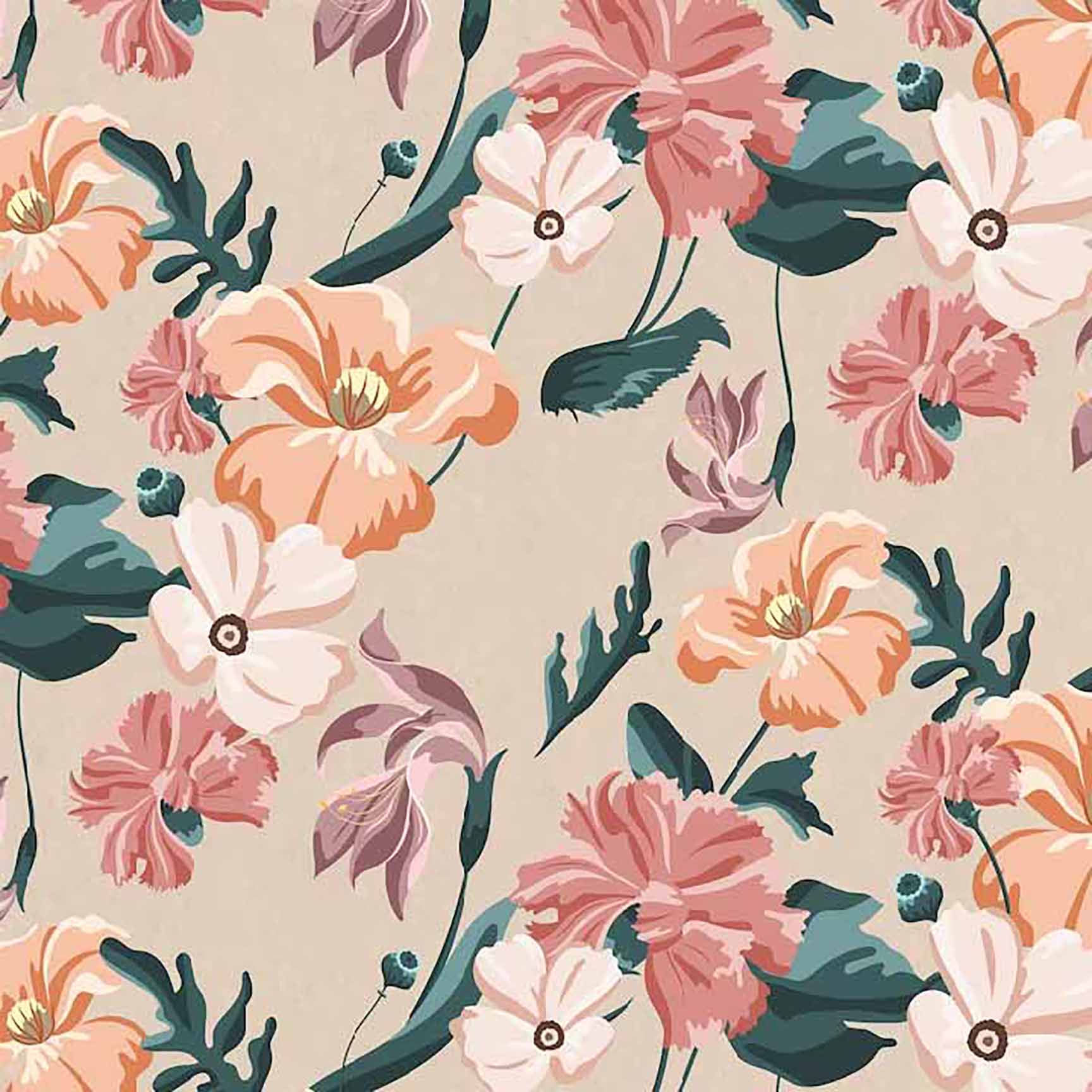 The Floral Wallpaper - Colorful Summer Bloom Seamless Pattern - Peach & Pink Floral on Beige Background