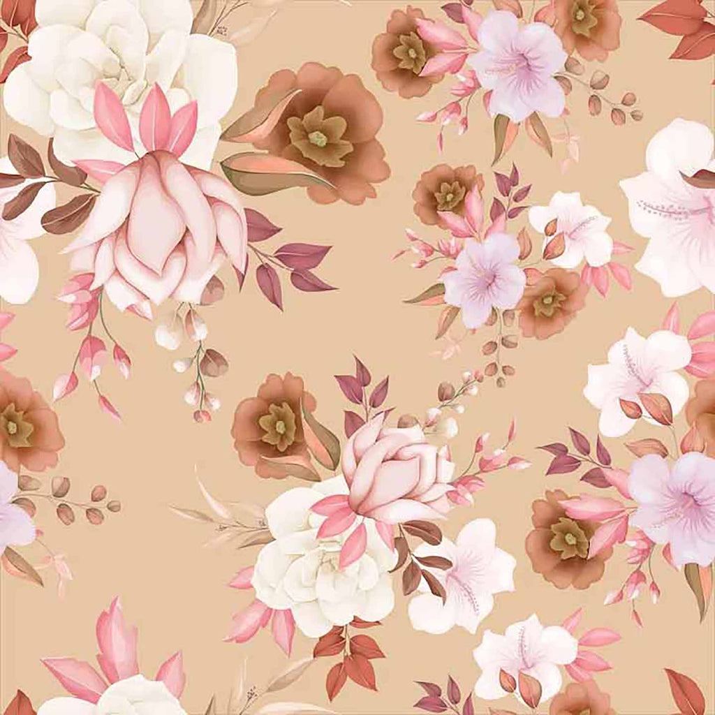 The Floral Wallpaper - Elegant Pastel Floral Seamless Pattern - Pink, White & Brown Blooms on Beige