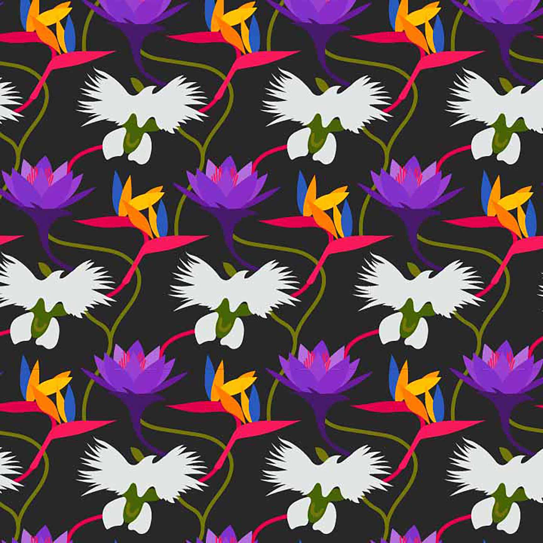 The Floral Wallpaper - Vibrant Tropical Flora Seamless Pattern - Exotic Flowers on Dark Background