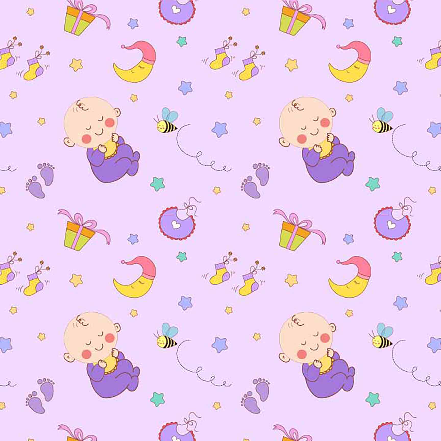 The Floral Wallpaper - Cute Baby & Stars Seamless Pattern - Lilac Nursery Print with Moon, Bibs & Gifts