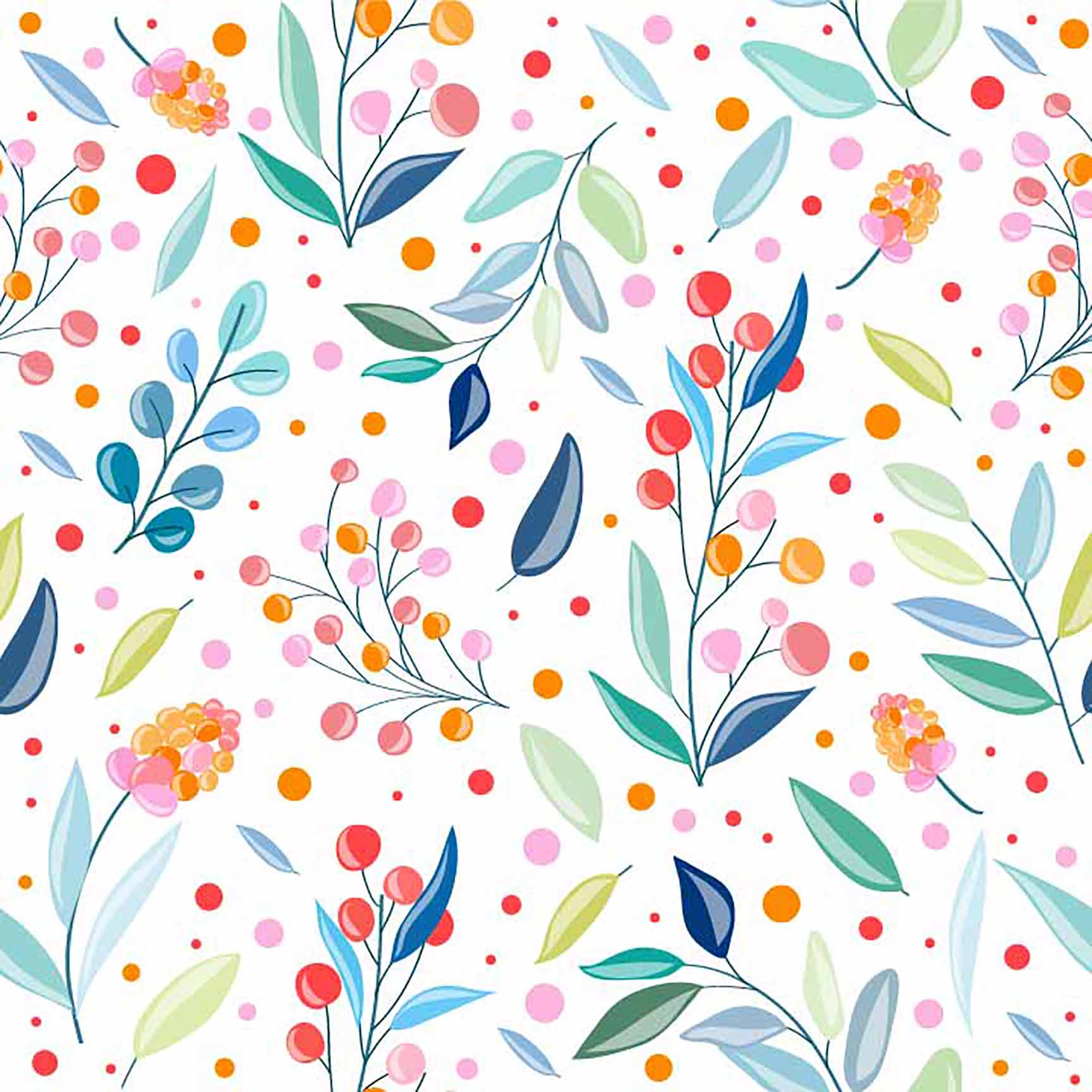 The Floral Wallpaper - Bright Hand-Drawn Berries & Leaves Seamless Pattern - Colorful Spring Botanical Print