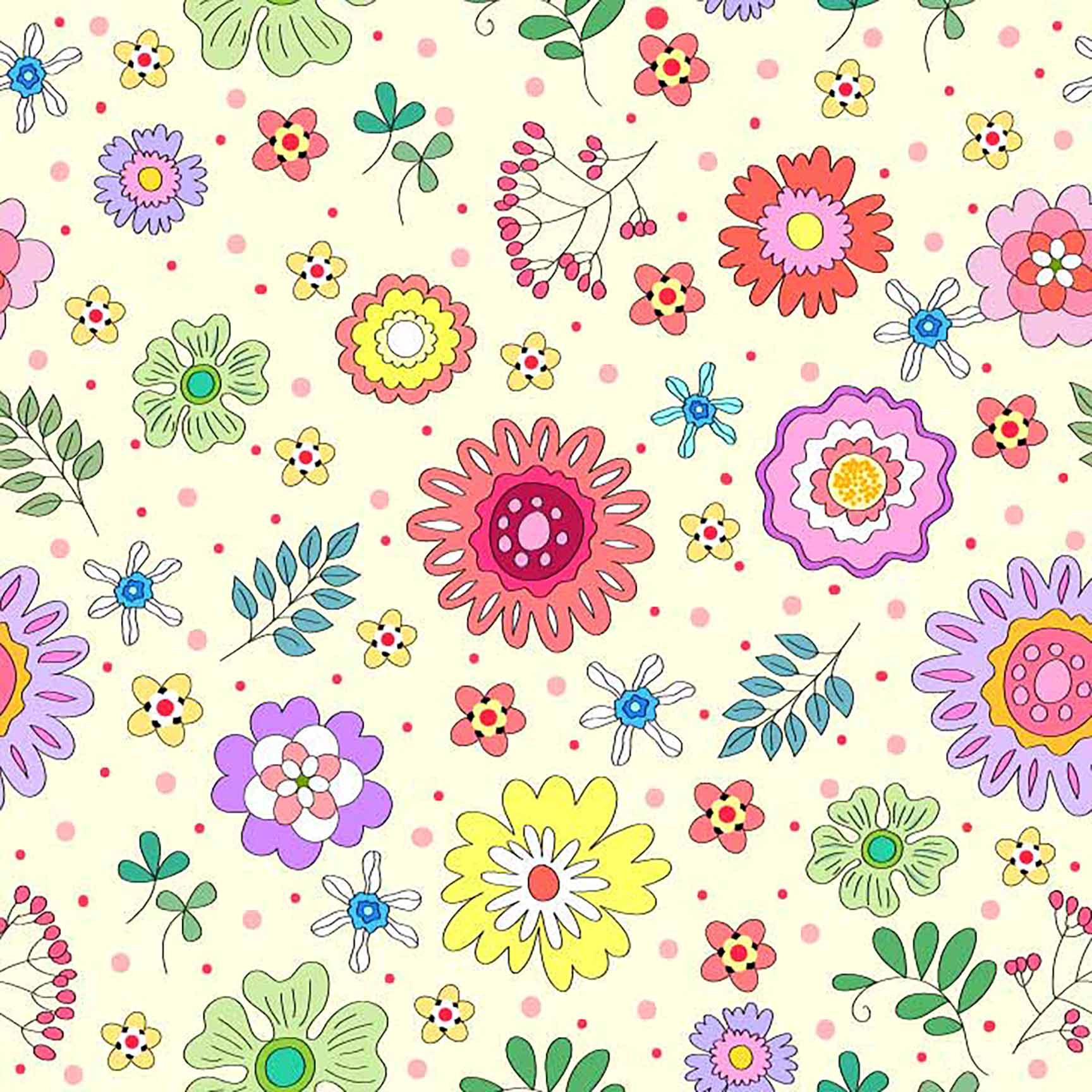 The Floral Wallpaper - Cute Cartoon Floral Seamless Pattern - Bright & Playful Flower Design with Polka Dots