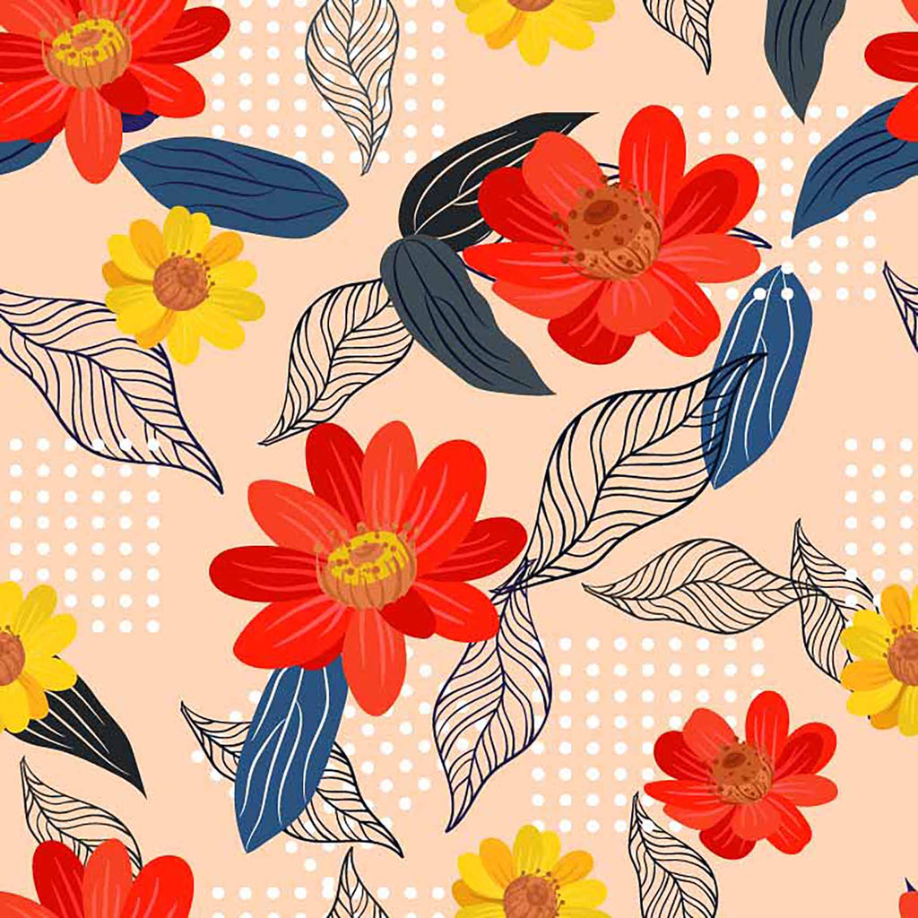 The Floral Wallpaper - Modern Bold Floral Seamless Pattern - Red, Yellow & Blue Blooms with Sketchy Leaves