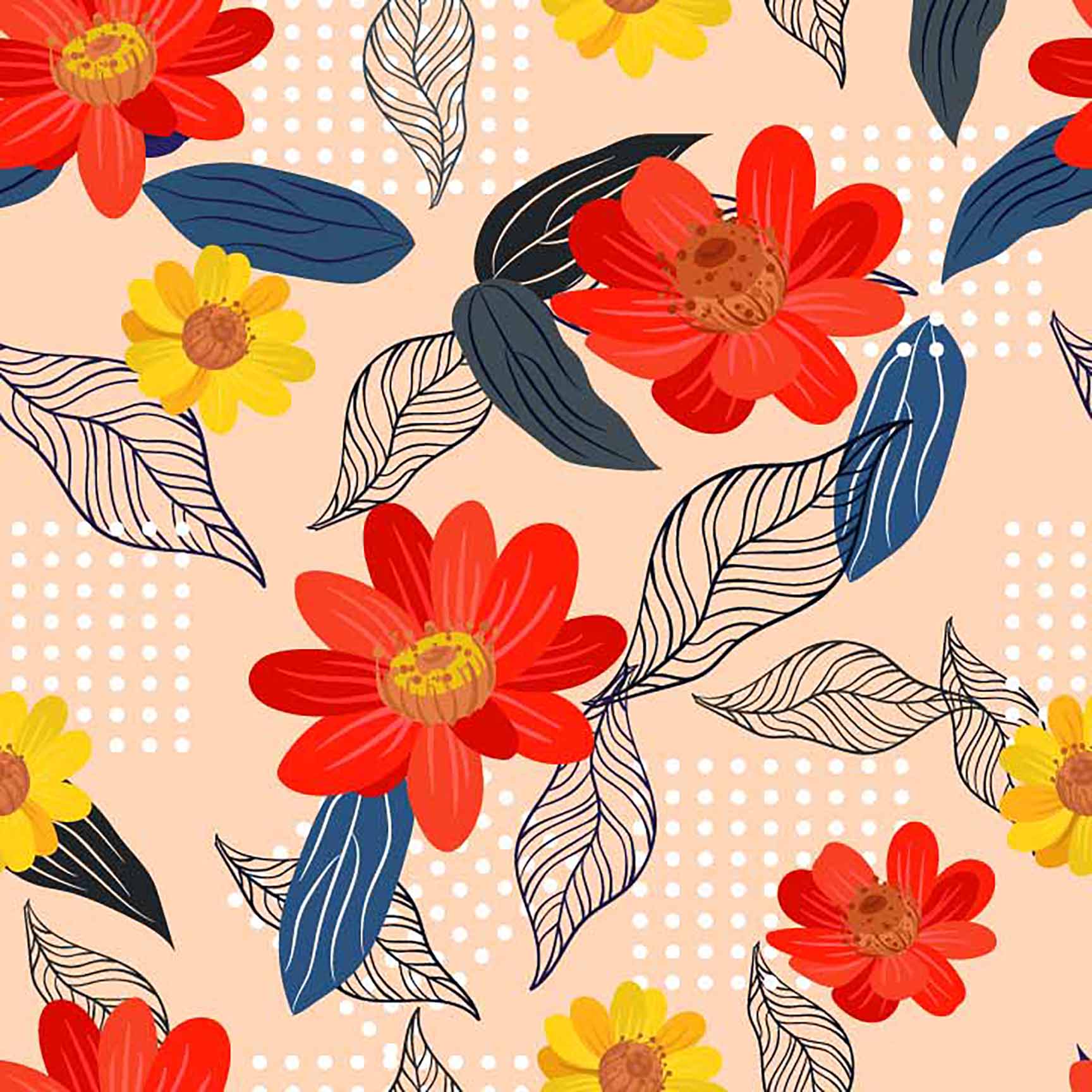 The Floral Wallpaper - Modern Bold Floral Seamless Pattern - Red, Yellow & Blue Blooms with Sketchy Leaves
