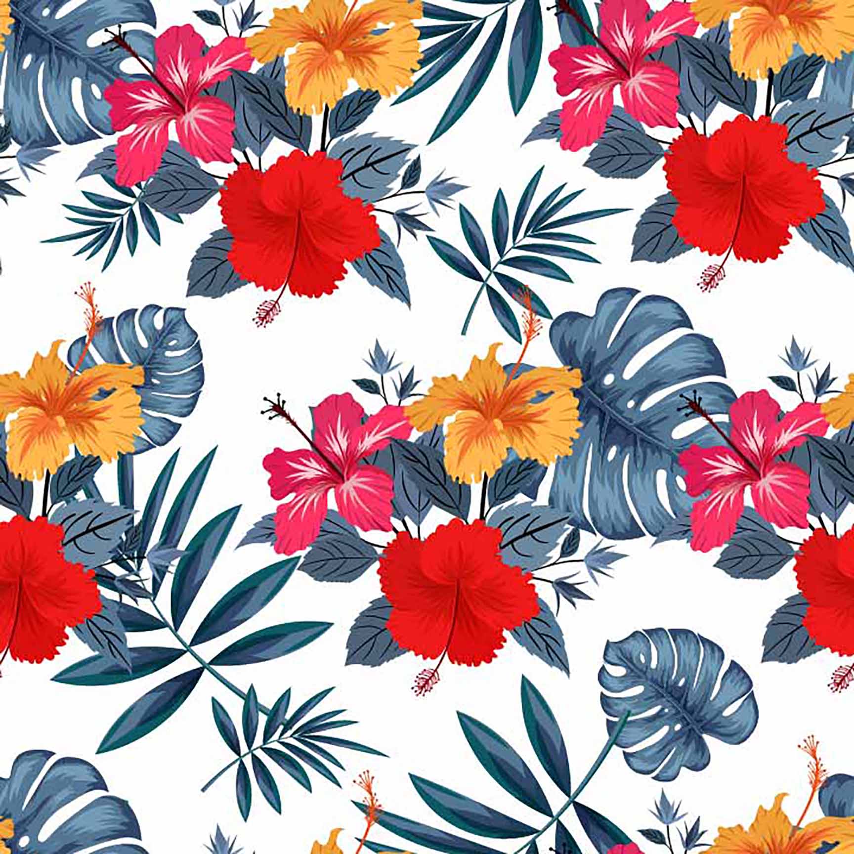 The Floral Wallpaper - Vibrant Tropical Hibiscus Seamless Pattern - Hawaiian Flora on White Background