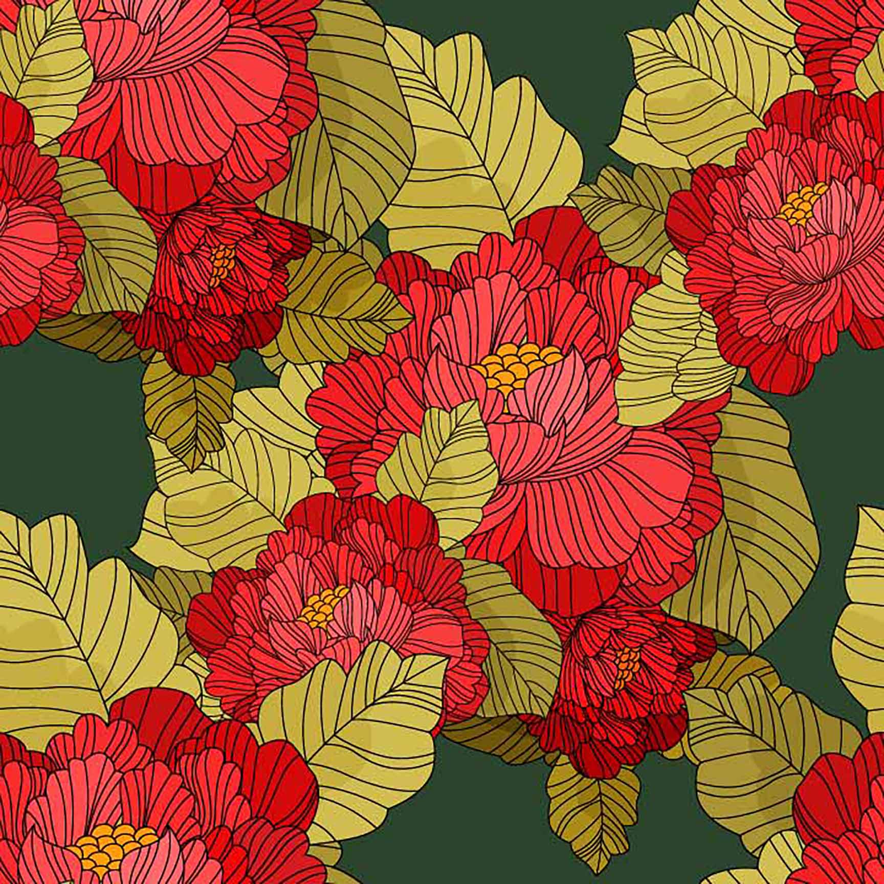 The Floral Wallpaper - Regal Chinese Floral Seamless Pattern - Red Peonies & Gold Leaves on Dark Green