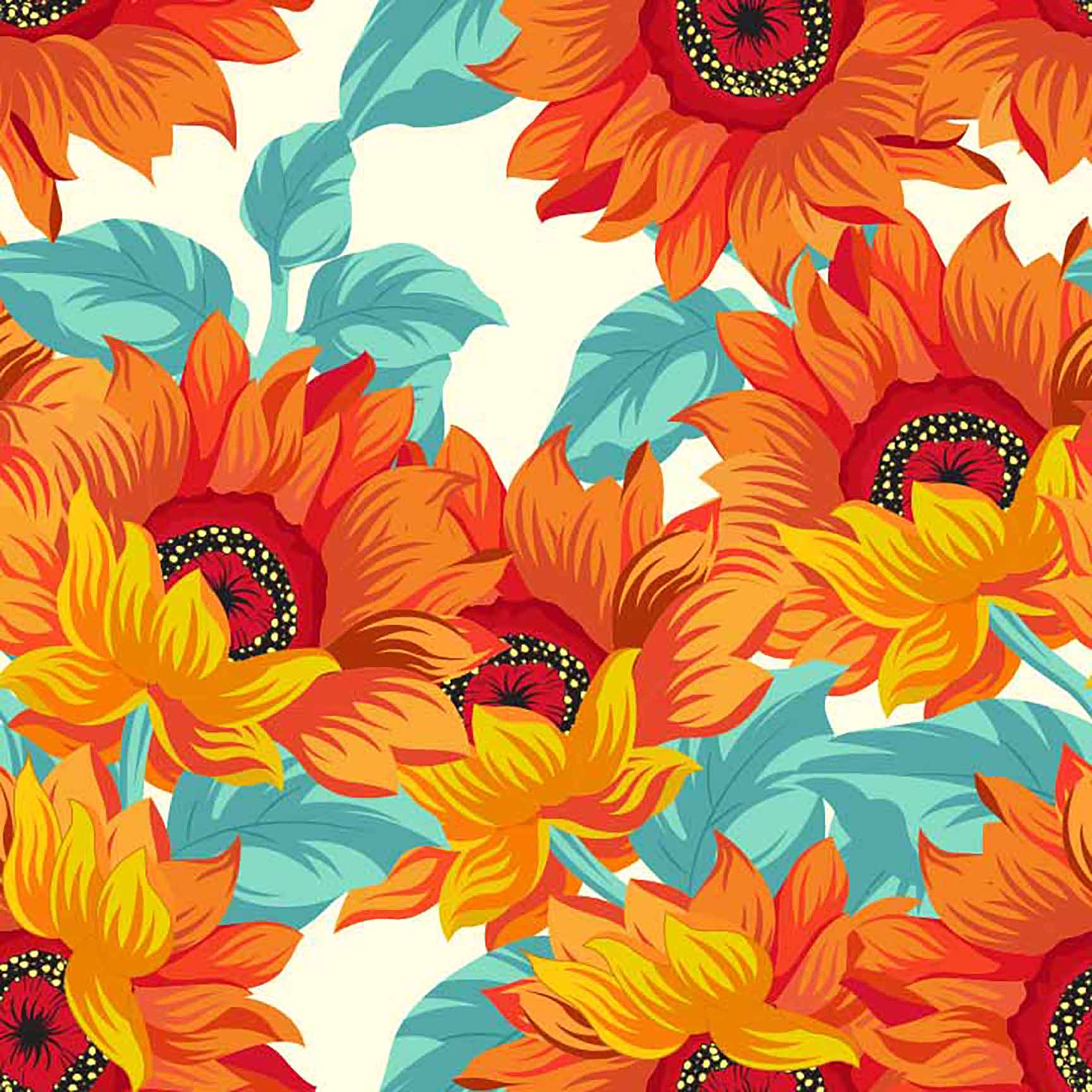 The Floral Wallpaper - Vibrant Orange Sunflower & Teal Leaf Seamless Pattern - Bold Floral Design