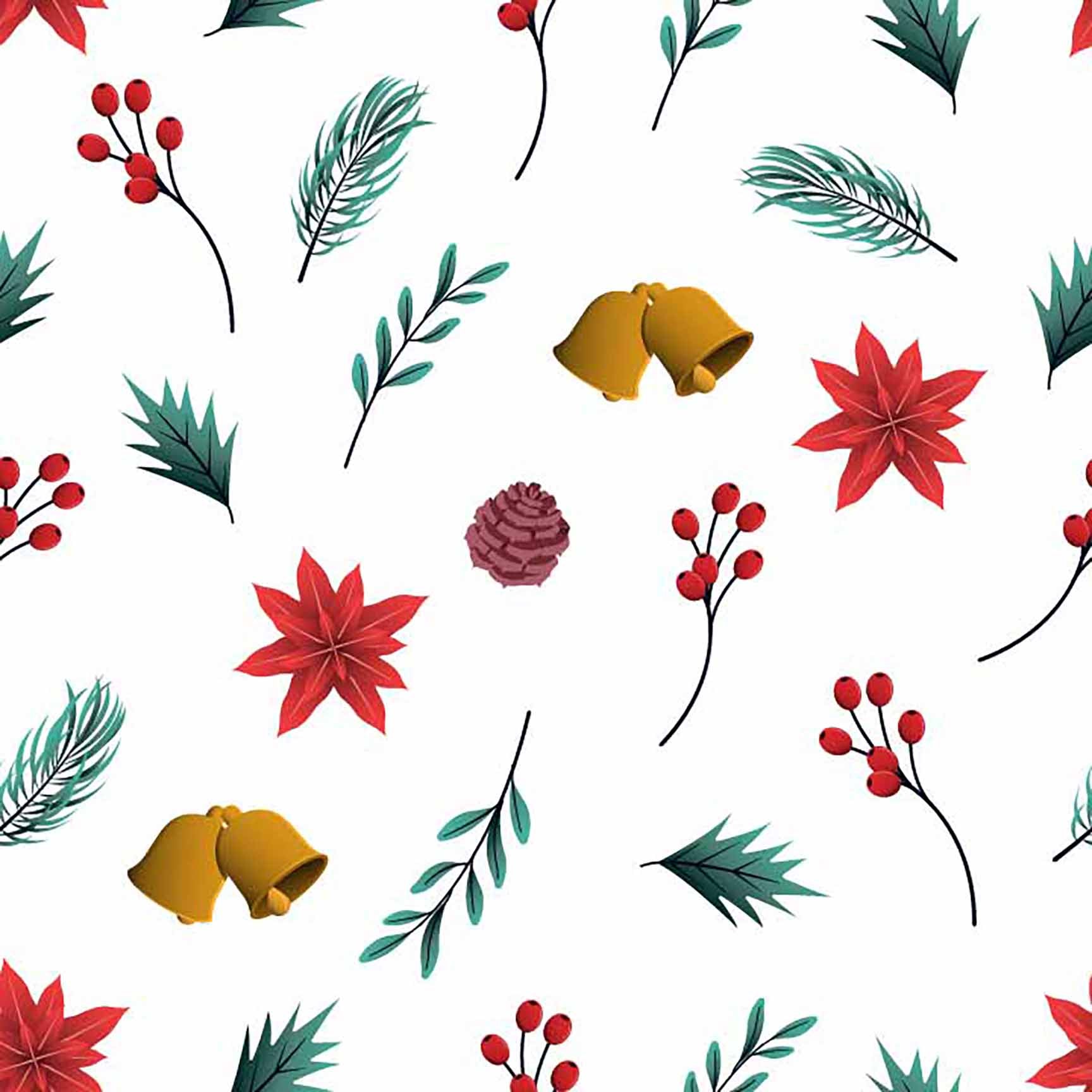 The Floral Wallpaper - Christmas Holly & Bell Seamless Pattern - Festive Winter Foliage & Pinecone Design