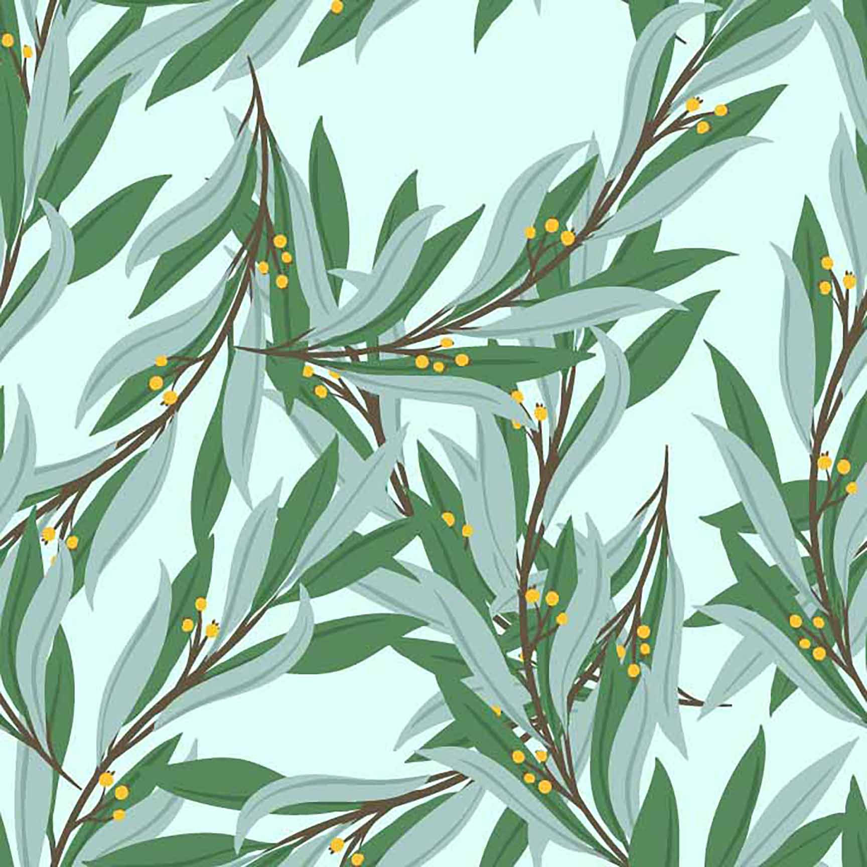 Pattern of green leaves and branches on a light blue background