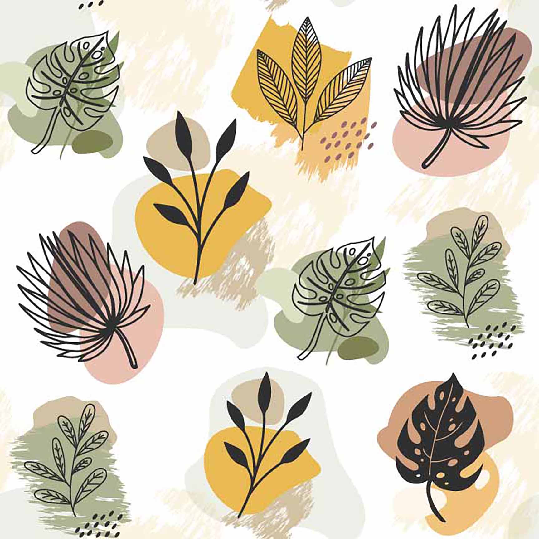 Abstract Line Art Tropical Leaves Seamless Pattern - Modern Botanical Design with Organic Shapes.