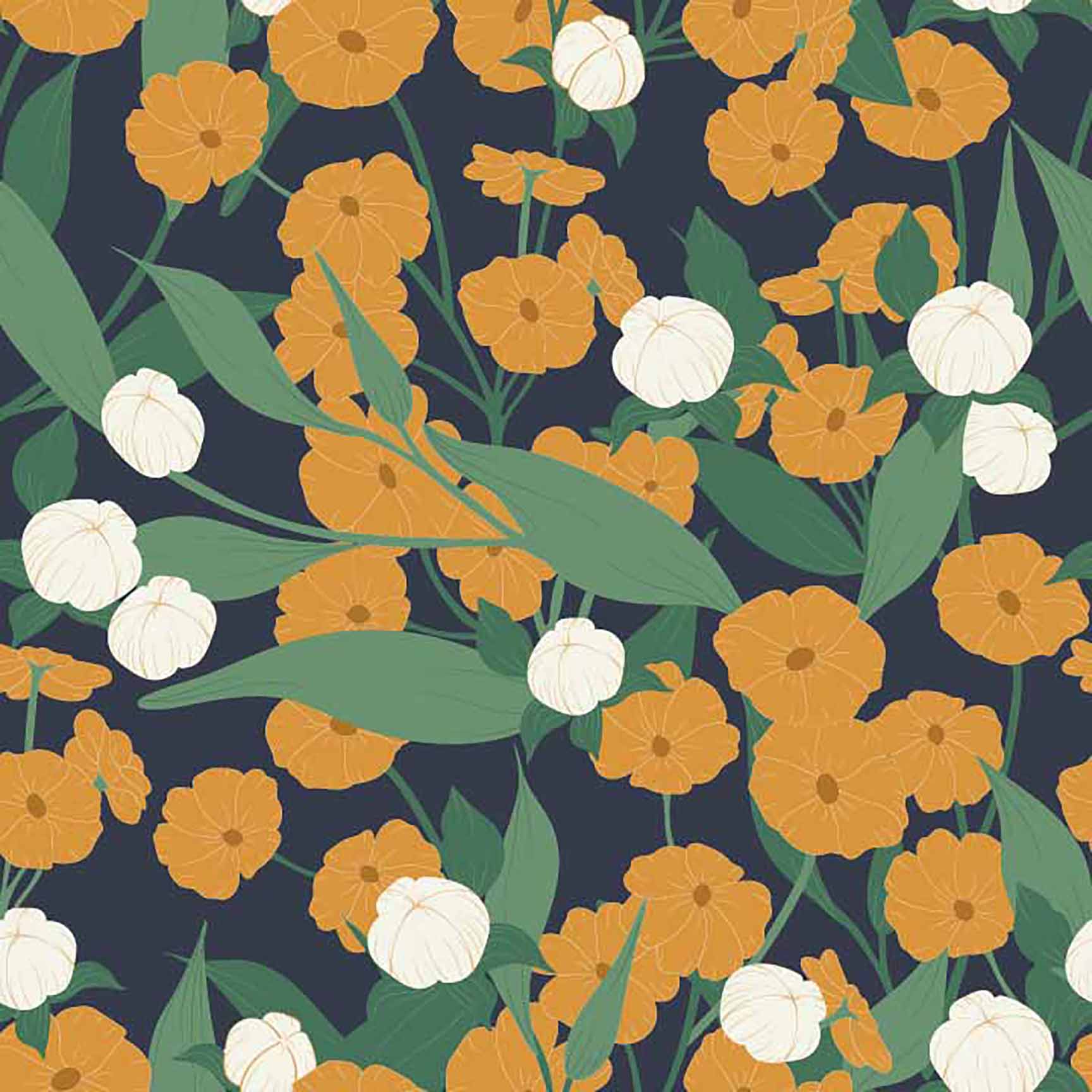 The Floral Wallpaper - Dense Seamless Floral Pattern on a dark, deep blue or Black Bckground