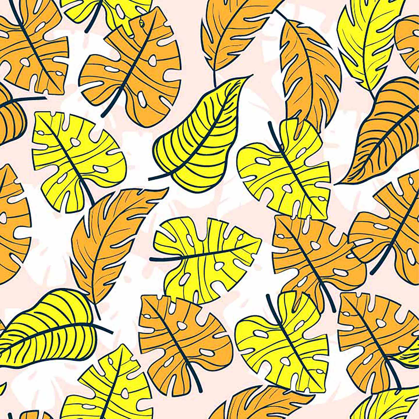Bold Tropical Leaf Seamless Pattern - Yellow & Orange Hand-Drawn Foliage Design.