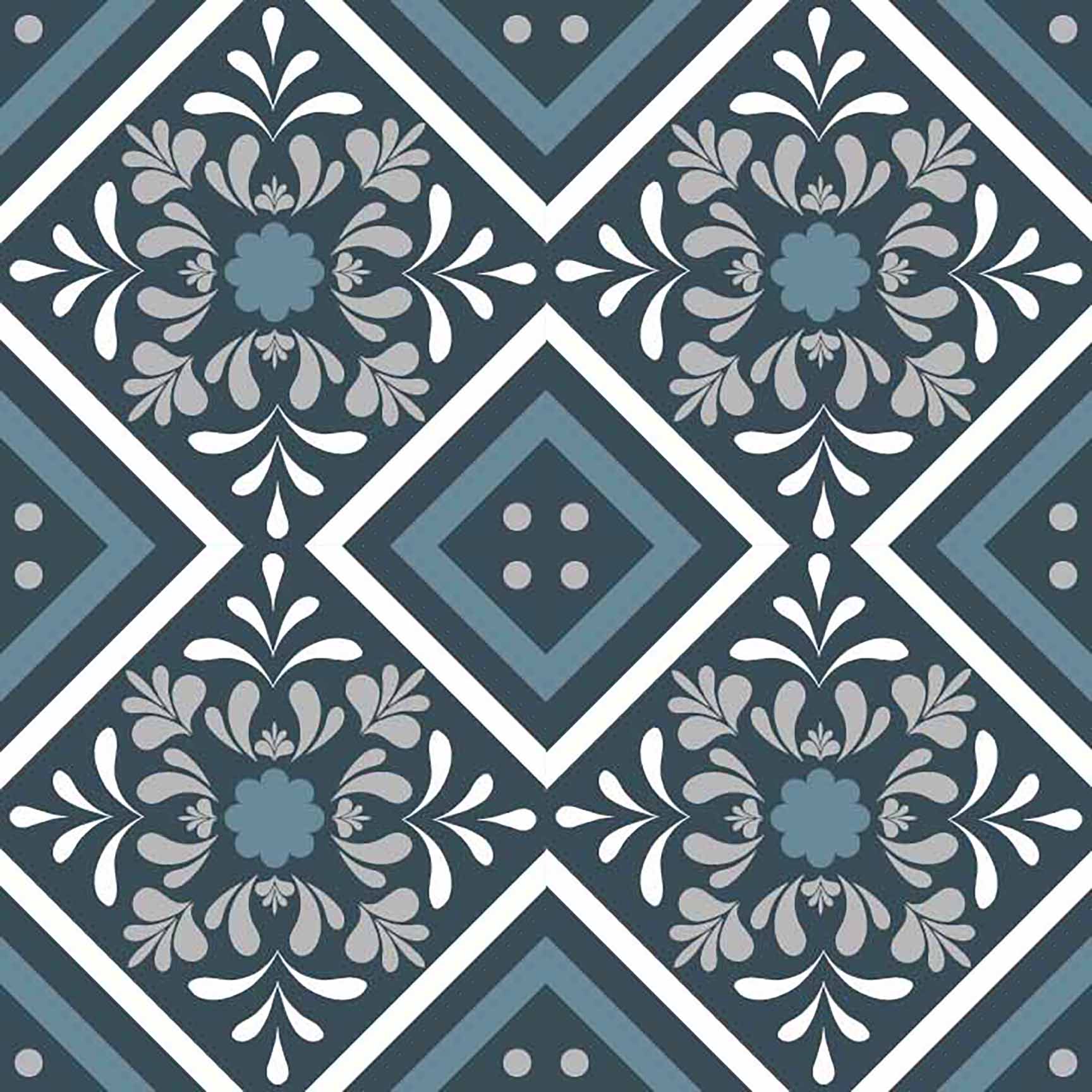 Blue & Grey Geometric Floral Tile Seamless Pattern - Classic Victorian Style.