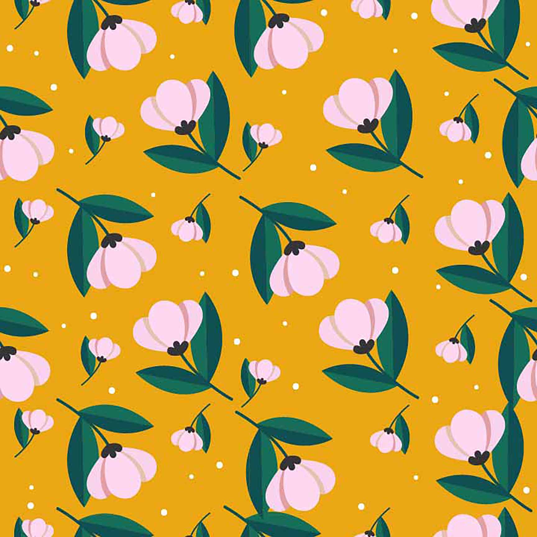 Soft Pink Floral & Teal Leaf Seamless Pattern - Cute Botanical Design on Mustard Yellow.