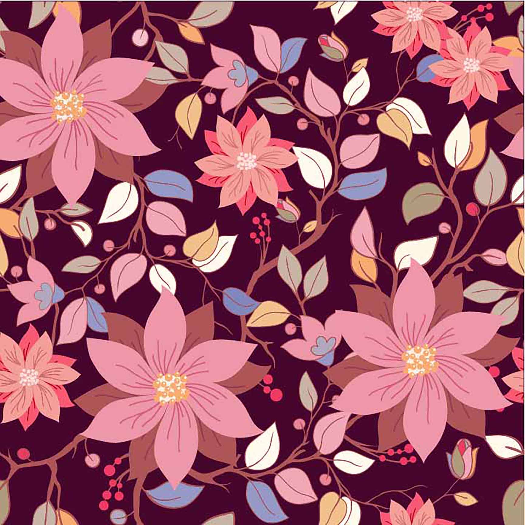 Dark Elegant Floral Seamless Pattern - Pink Blooms & Autumn Leaves on Burgundy.