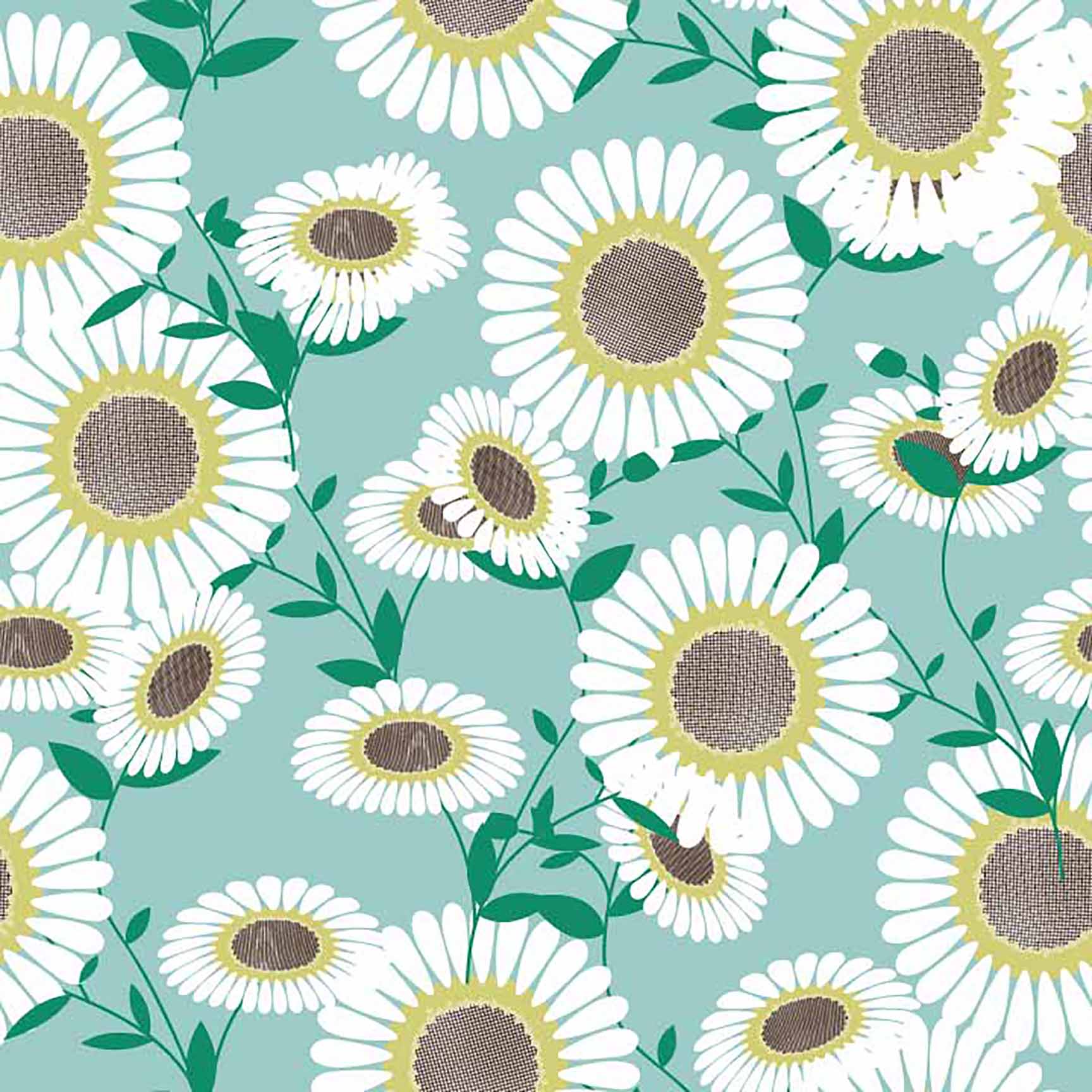 Cheerful Daisy & Leaf Seamless Pattern - Aqua Background with White & Yellow Blooms.