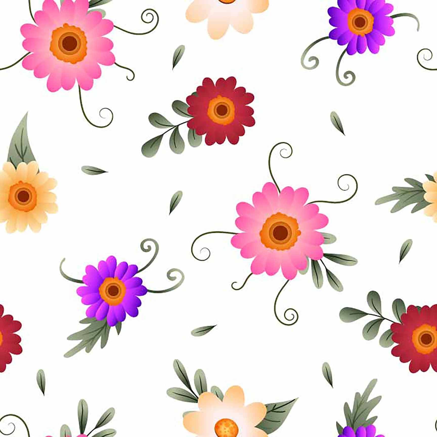 Cute Assorted Floral Seamless Pattern - Pink, Purple & Red Flowers on White.