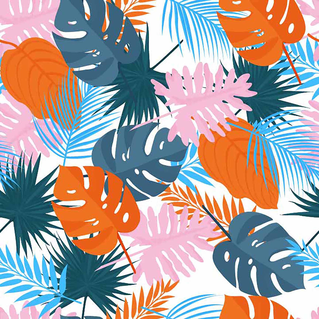 Vibrant Tropical Leaf Seamless Pattern - Summer Foliage with Blue, Orange & Pink.
