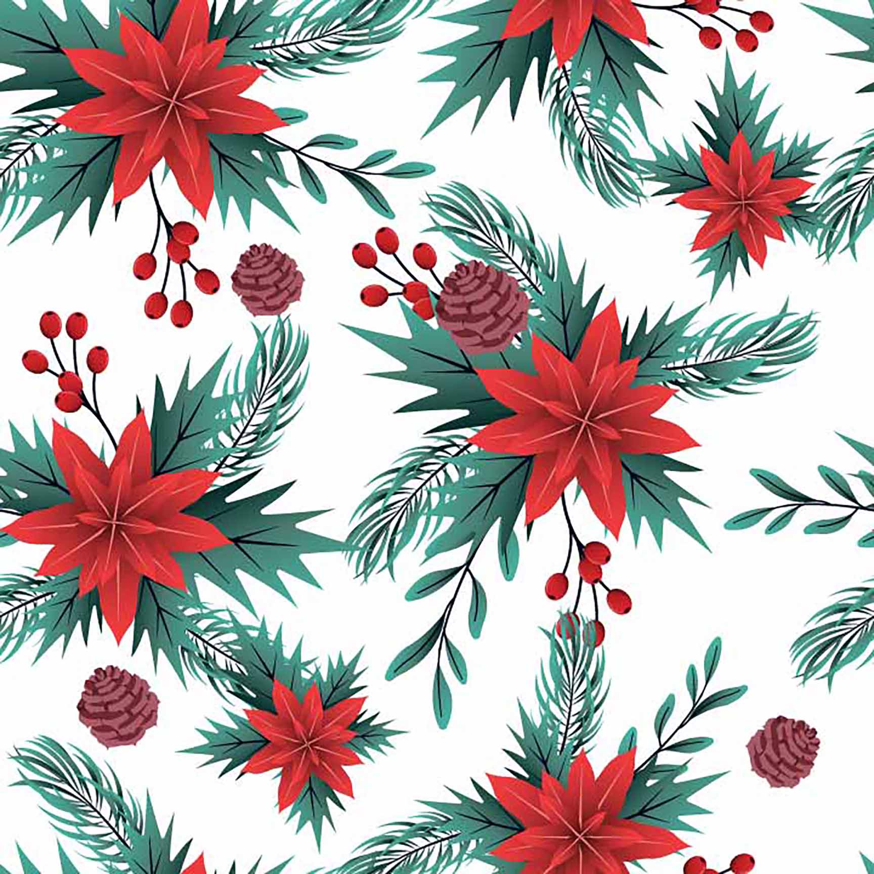 Festive Poinsettia & Pine Seamless Pattern - Christmas Holly & Pinecone Design.