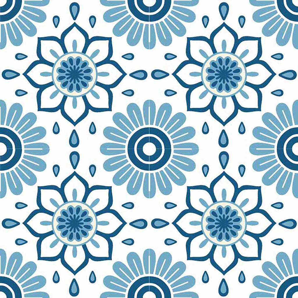 Moroccan Blue Floral & Teardrop Seamless Pattern - Mediterranean Tile Design.