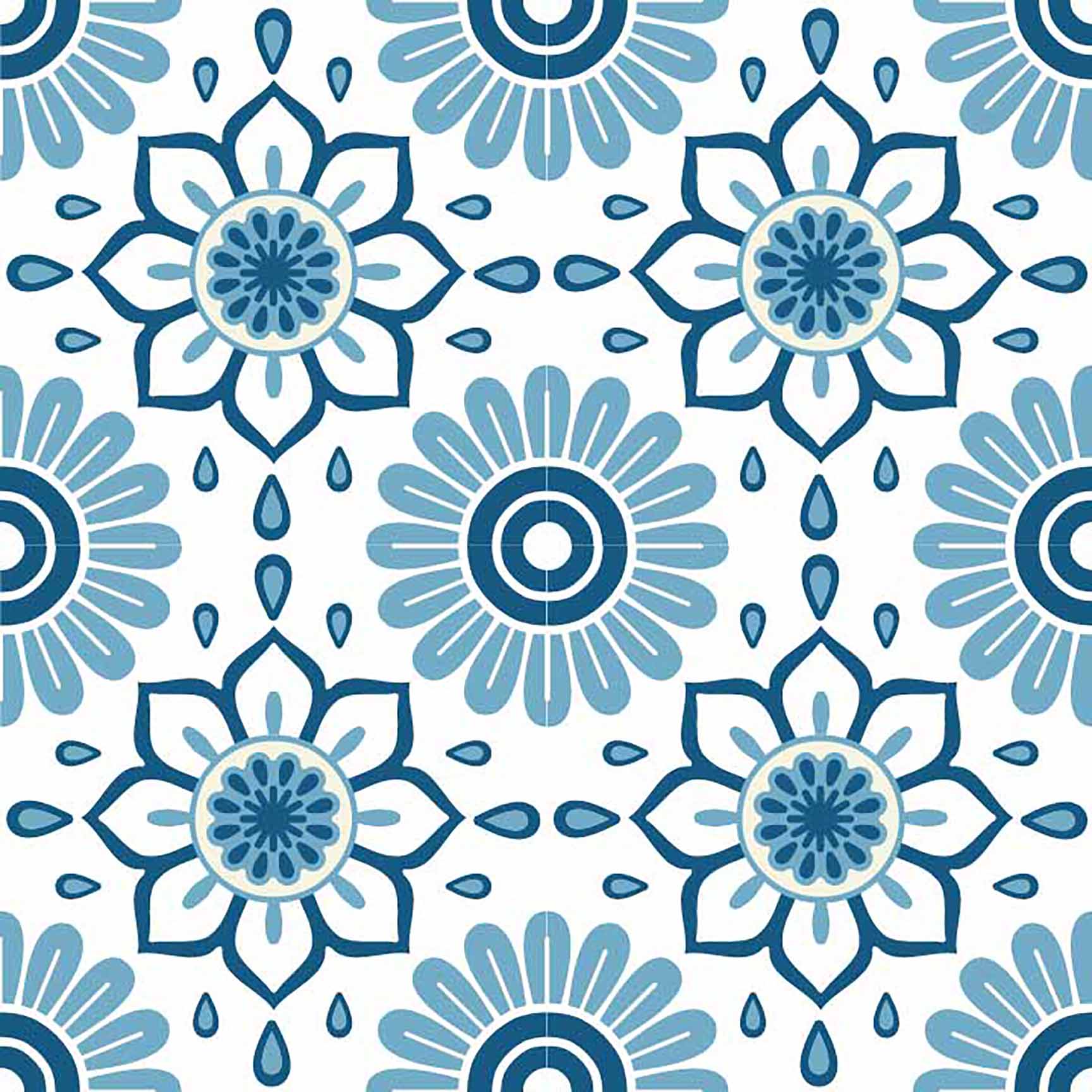 Moroccan Blue Floral & Teardrop Seamless Pattern - Mediterranean Tile Design.