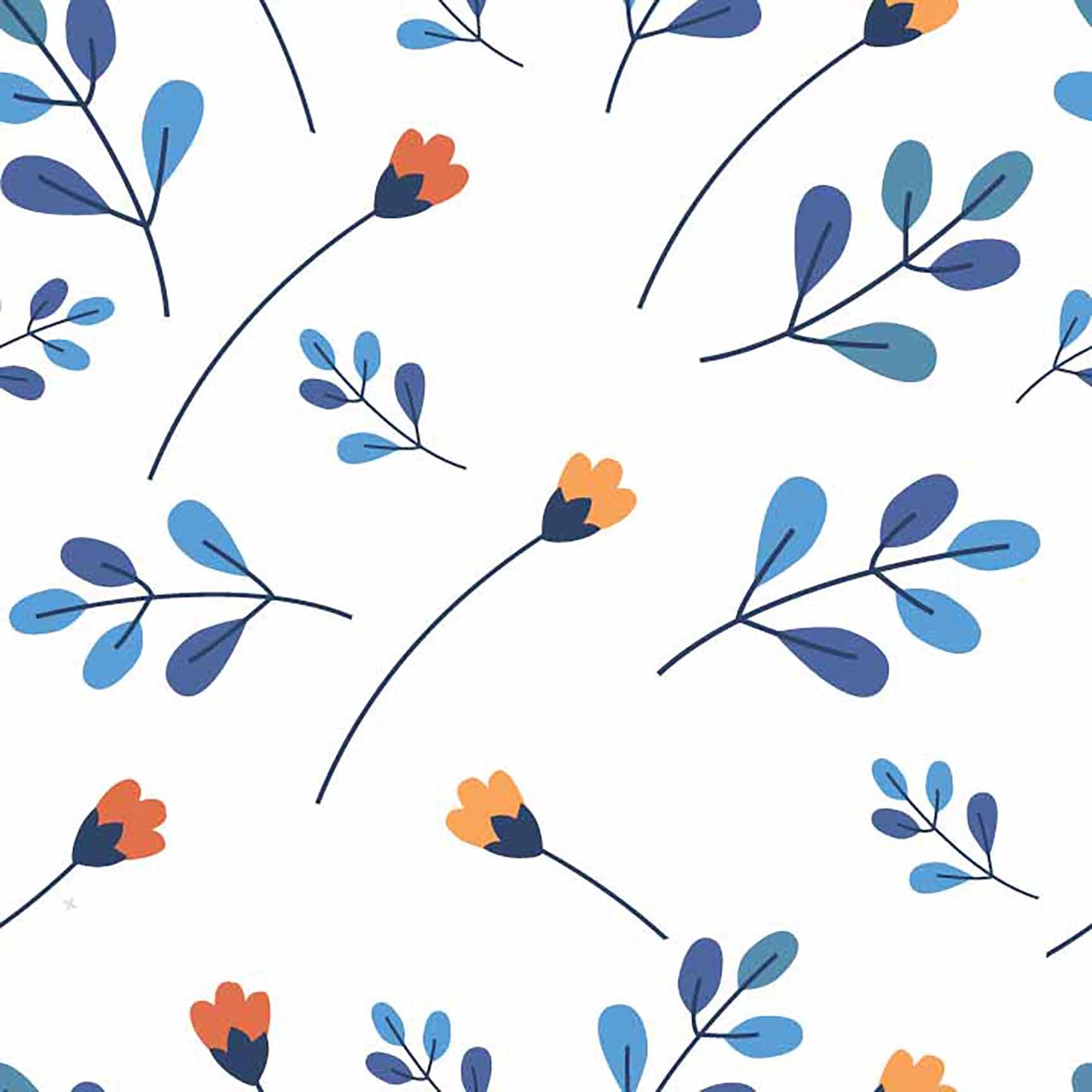 Whimsical Blue Leaf & Orange Flower Seamless Pattern - Simple Botanical Design.