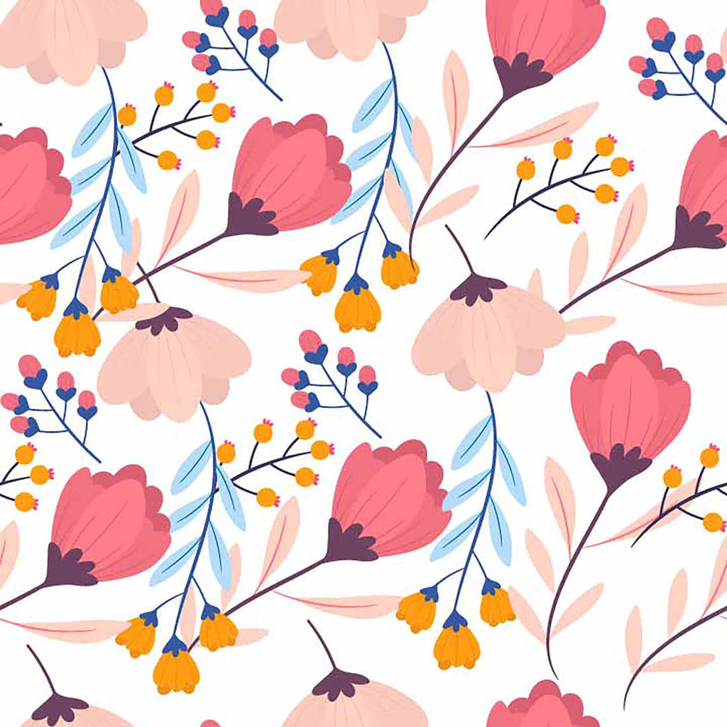 Delicate Bloom & Berry Seamless Pattern - Soft Floral Design with Pink, Peach & Blue.
