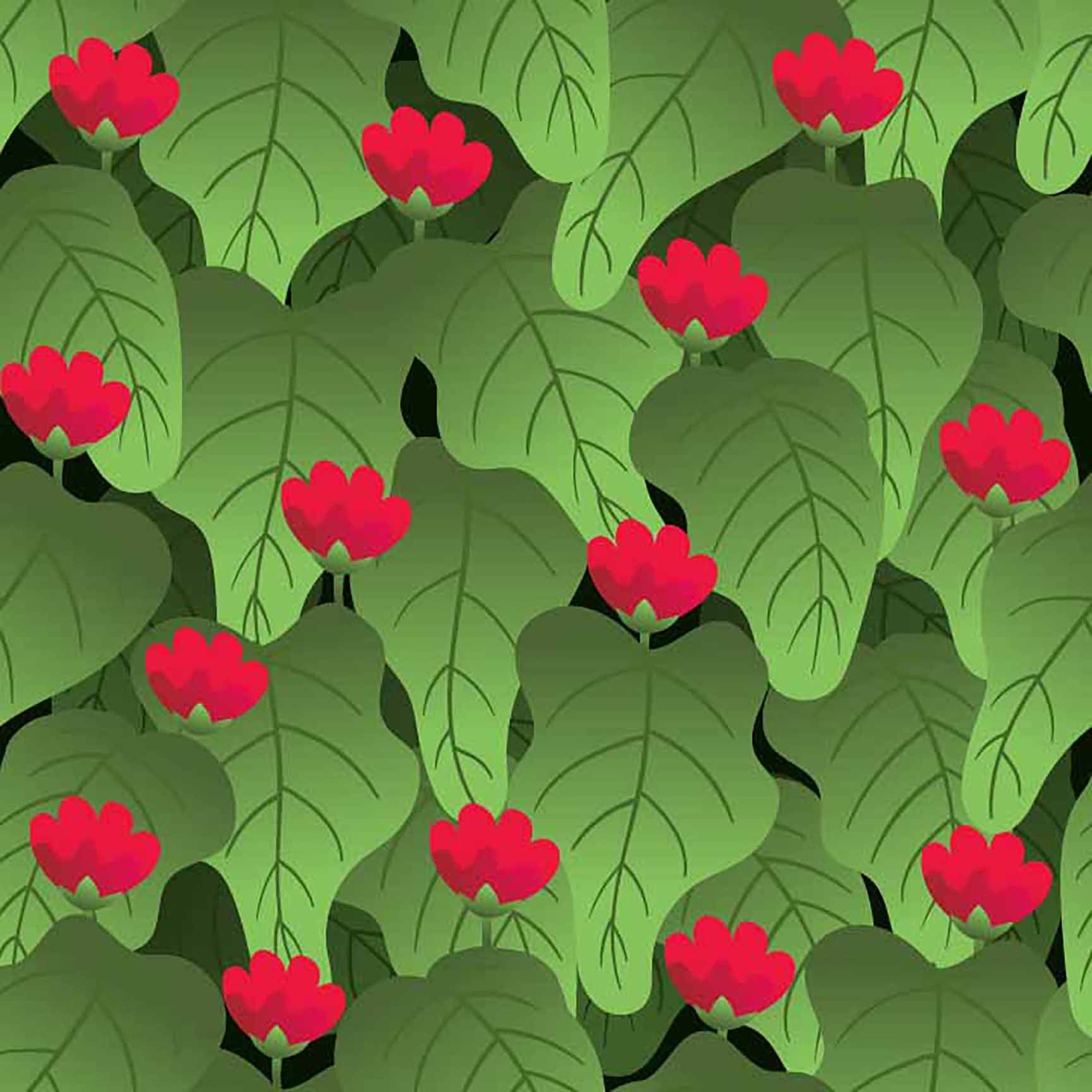 Lush Red Water Lily & Green Leaf Seamless Pattern - Tropical Botanical Design.