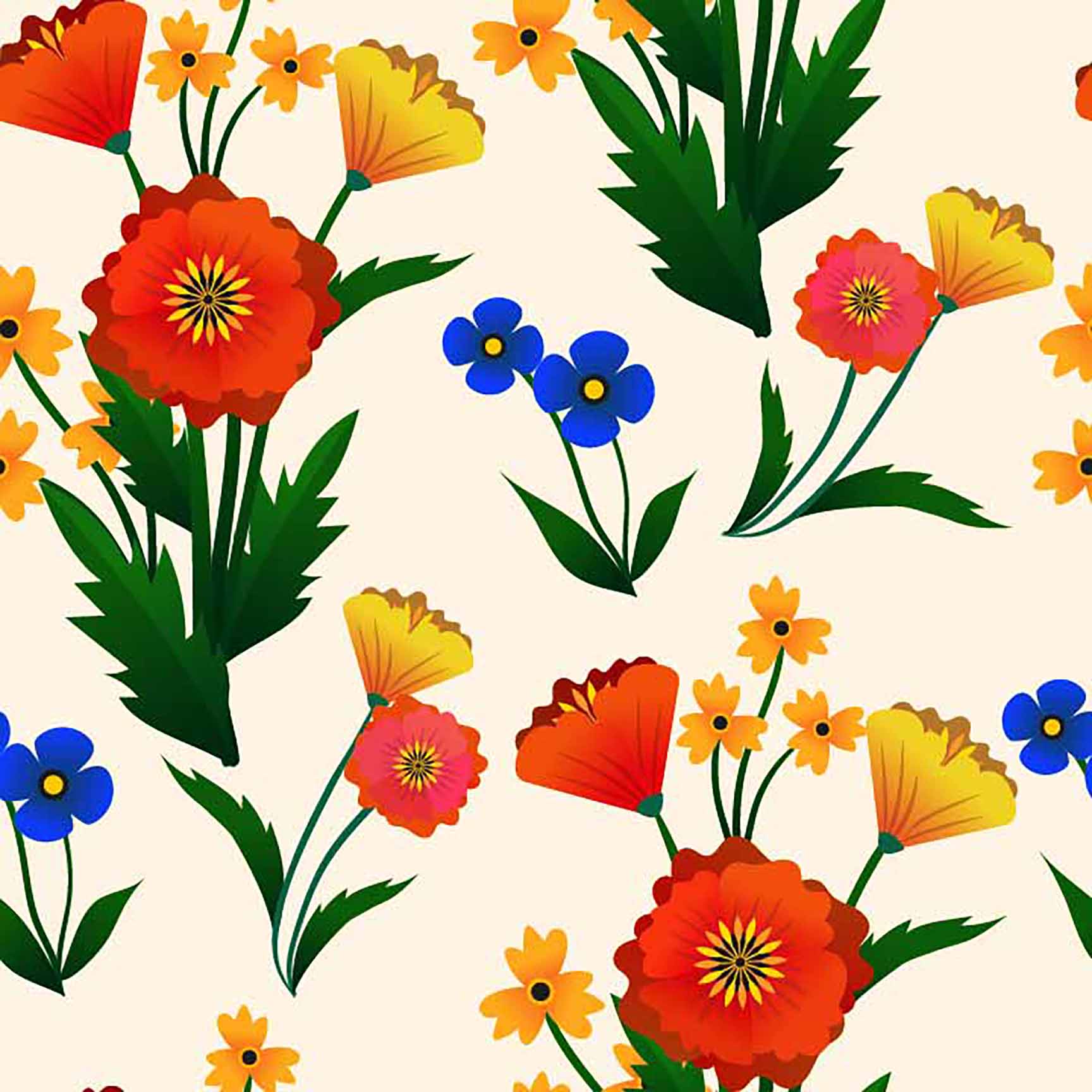 Vibrant Wildflower Seamless Pattern - Colorful Blooms & Green Leaves on Light Background.