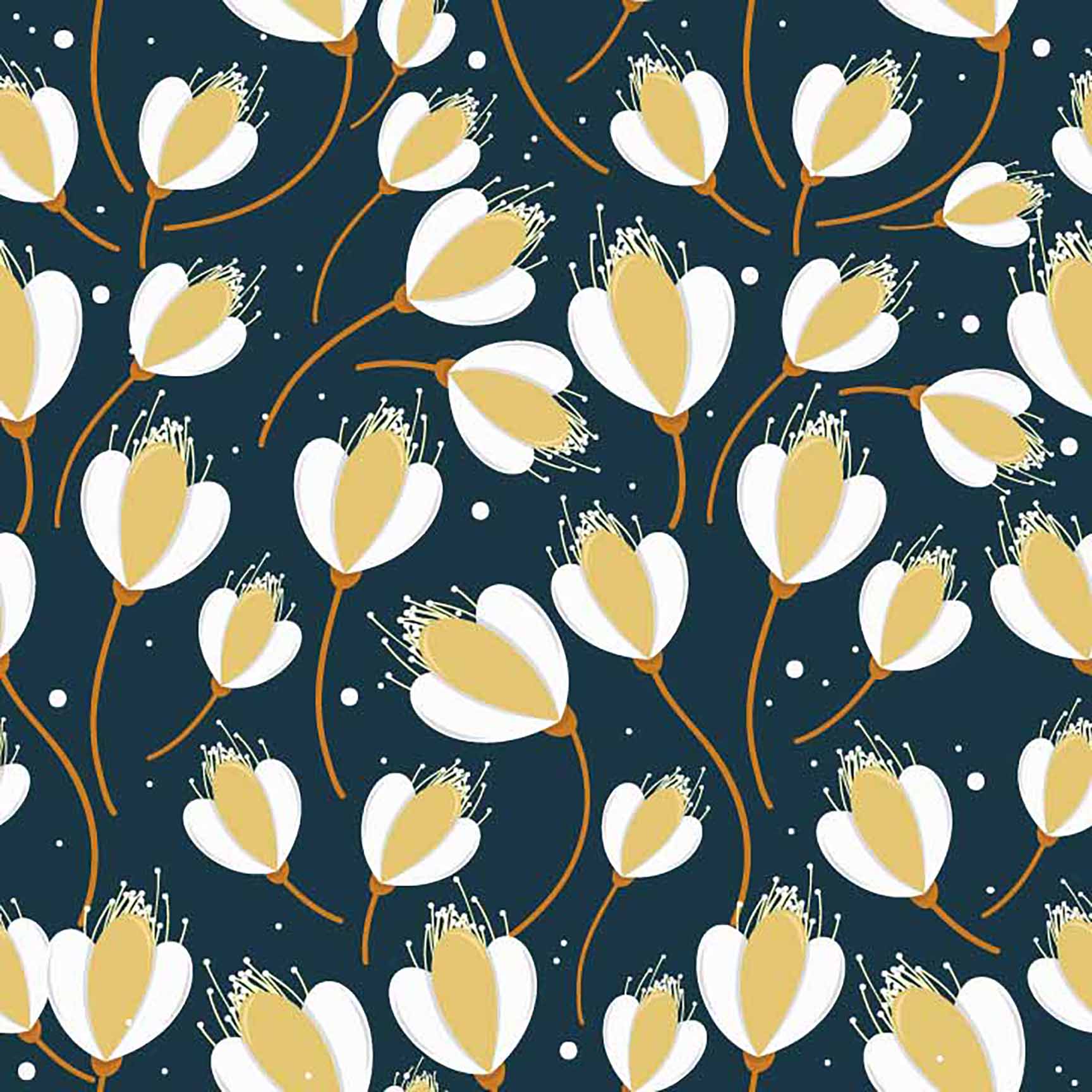 Chic White & Gold Floral Seamless Pattern - Elegant Botanical Design on Dark Blue.