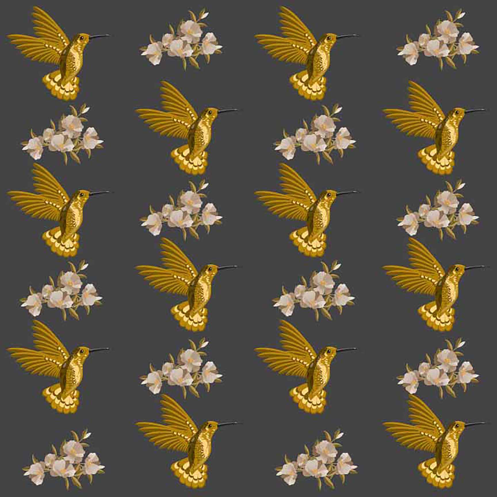 The Floral Wallpaper - Golden Hummingbird & White Floral Seamless Pattern - Elegant Nature Decor.