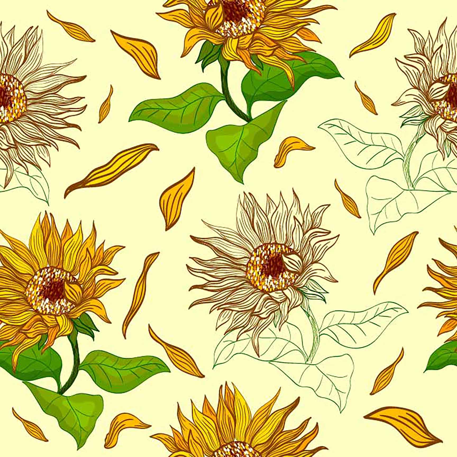 Sunflower Sketch Seamless Pattern - Hand-drawn Botanical Design with Falling Petals.