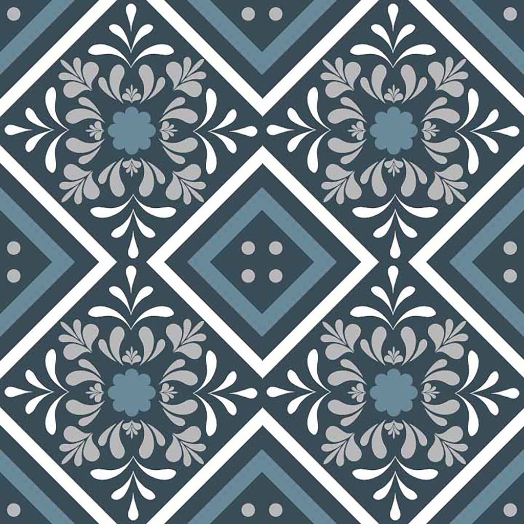 Blue & Grey Geometric Floral Tile Seamless Pattern - Classic Victorian Style.