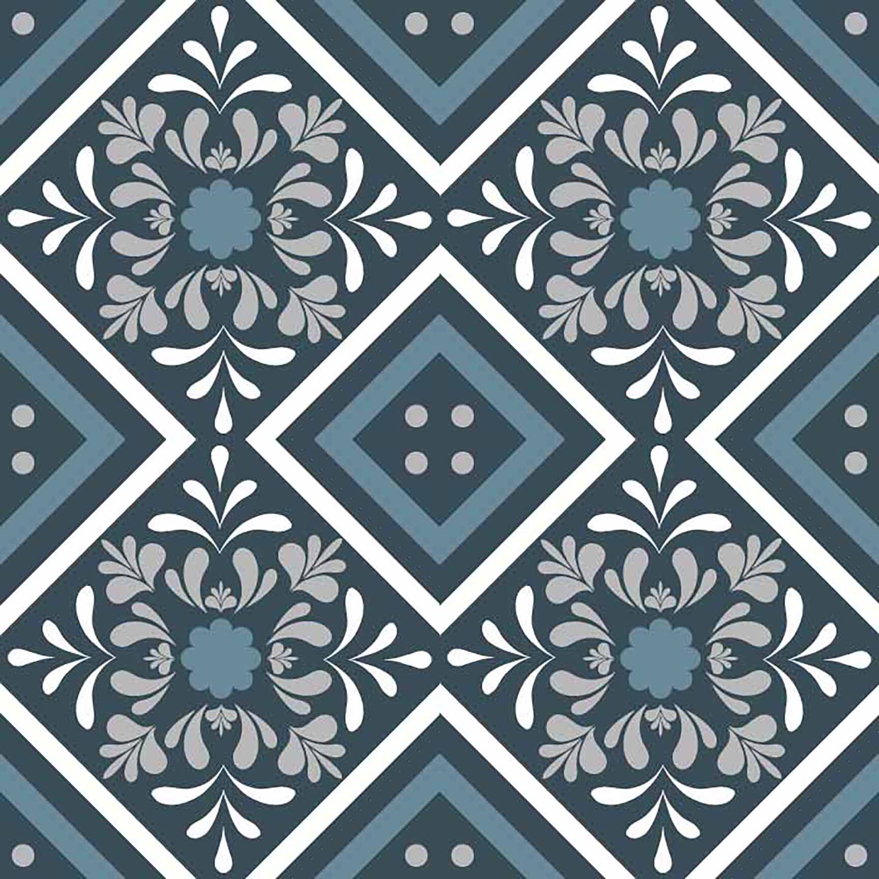 Blue & Grey Geometric Floral Tile Seamless Pattern - Classic Victorian Style.