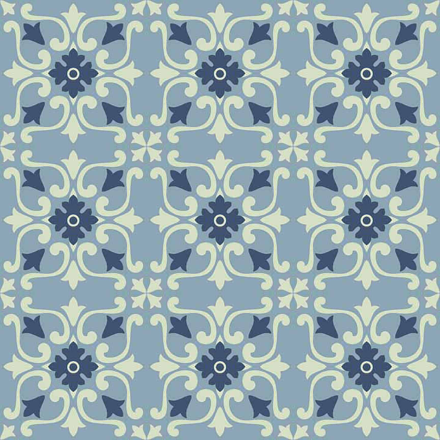 Victorian Blue & Beige Floral Tile Seamless Pattern - Ornate Rococo Design.